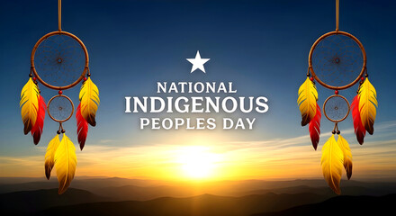 National Indigenous Peoples Day banner with dreamcatchers and colorful feathers against a sunset landscape background for celebration