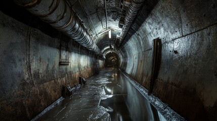 Obraz premium Exploring an underground sewer tunnel with wet concrete walls and pipes along the sides