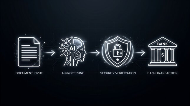 Artificial intelligence automated financial document processing workflow diagram with glowing neon icons for secure banking transactions on a minimalist dark background