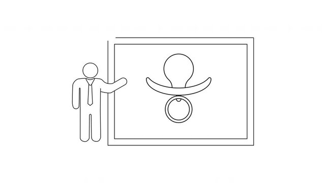 Man presenting a pacifier icon on a whiteboard.