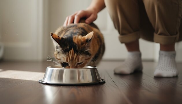 Calico cat eagerly eats from a metal bowl on the wooden floor while a person pets it