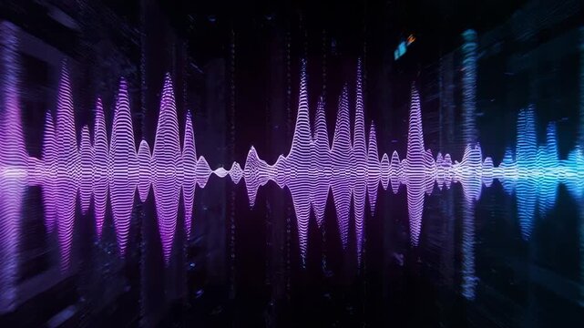 Sound waveform animation with purple neon hues. Sound waveform digital audio visualizer. Sound waveform music technology graphic on black background for sound apps.