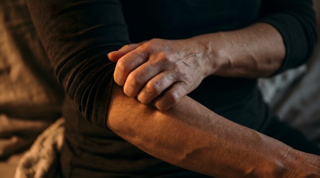 Detail of itchy skin caused by stress and anxiety showing a woman struggling with mental health issues indoors