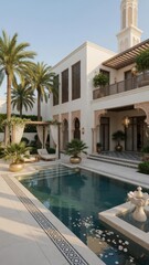 Fototapeta premium Luxurious Arabian Courtyard Oasis with Pool, Palm Trees, and Intricate Architectural Details