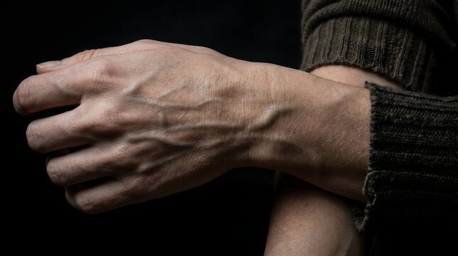 Physical reaction to stress showing a person scratching their arm as a coping mechanism for anxiety and fear