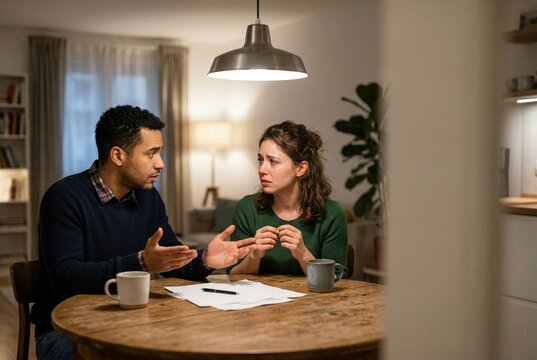 Young couple seated across from each other at round dining table