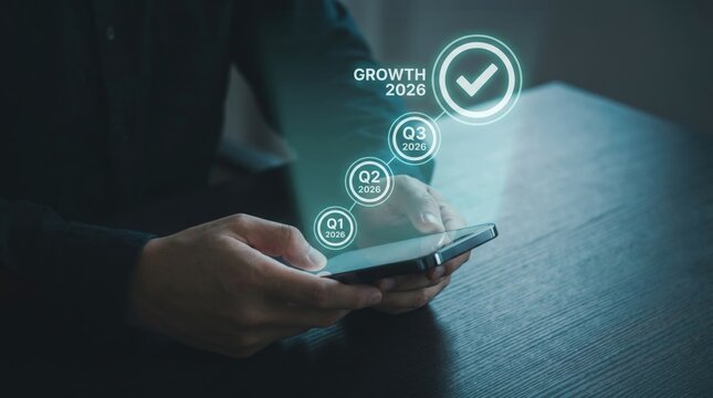 2026 Business Growth Roadmap Concept: Hands Holding Smartphone with Minimalist Holographic Vertical Timeline, Quarterly Milestones, and Success Checkmark