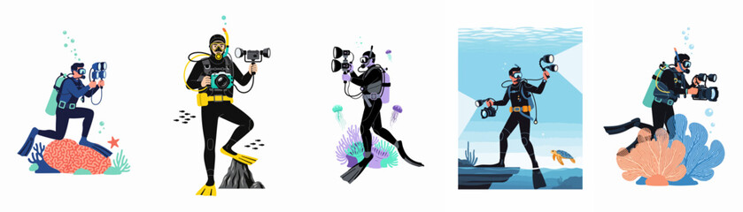 Set of flat vector illustrations depicting scuba divers with professional underwater cameras exploring the ocean floor and marine life. © Kenji