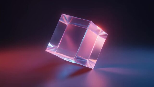 Abstract glass cube animation with neon lighting. Abstract glass cube geometric shape motion. Abstract glass cube modern background graphic on black for technology.