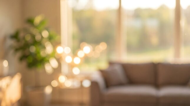 blurred living room interior with sofa and plant soft focus background with warm light high quality professional detailed modern elegant stylish clean crisp vibrant