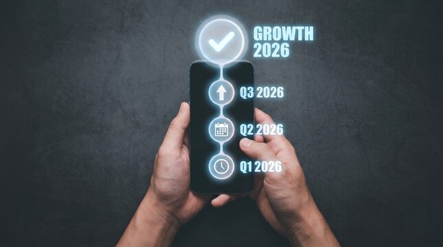 2026 Business Growth Roadmap Concept: Hands Holding Smartphone with Minimalist Holographic Vertical Timeline, Quarterly Milestones, and Success Checkmark