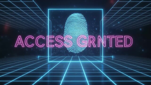 Finger touch activating blue fingerprint scan on grid. Finger touch biometric security access. Finger touch technology interface graphic on black background for privacy.
