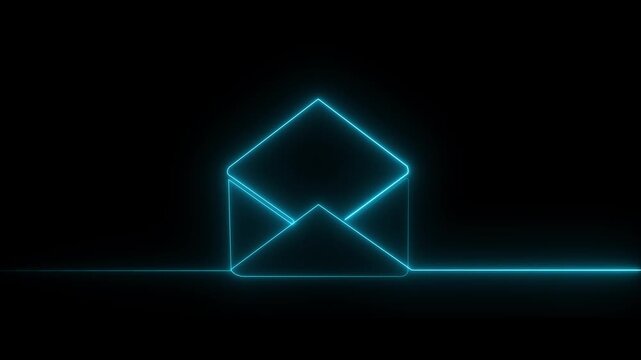 Message concept, envelope self drawing animation. Animated cyan line on black background motion animation 4k video...