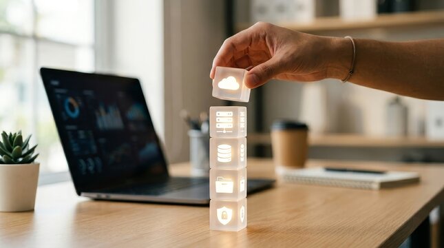 Hand places cloud icon cube atop data blocks