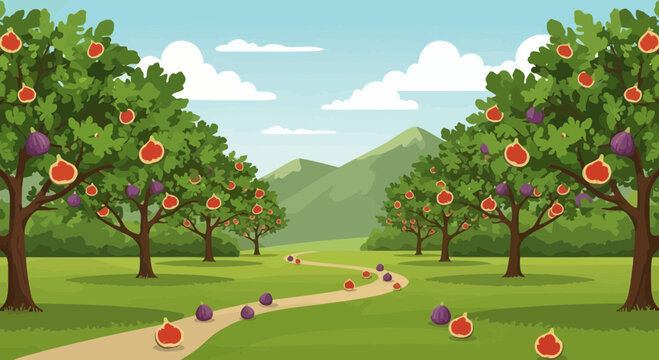 Cartoon fig trees with ripe fruit along a winding path in a sunny landscape