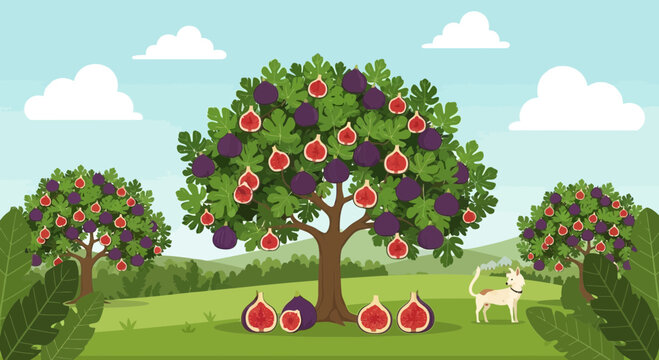 Cartoon fig trees with ripe fruit and a cat on a sunny day