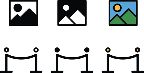 Vector icon set featuring gallery photo image placeholder and stanchion barrier queue rope in three distinct styles © mstlipibegum