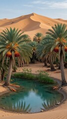 Fototapeta premium Oasis in the Sahara Desert with date palms, turquoise water, and sand dunes