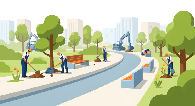 City park landscaping team planting trees and maintaining green spaces, enhancing urban environment. Modern city development and beautification efforts.