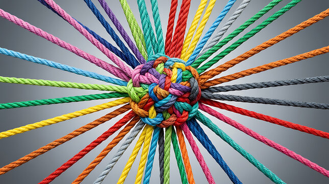 Colorful ropes intertwined in a tight knot unity connection and collaboration concept