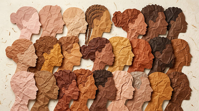 Diverse human faces made of crumpled paper in various skin tones