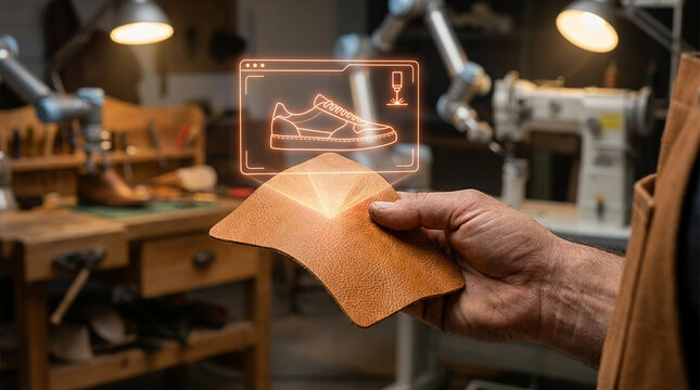 Crafting the Future of Footwear A Shoemaker's Hands Interact with a Holographic Design of a Sneaker, Blending Tradition and Technology
