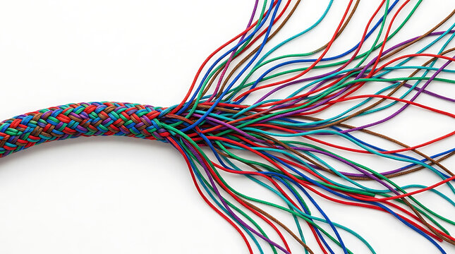 Multicolored woven cord with loose strands on white background