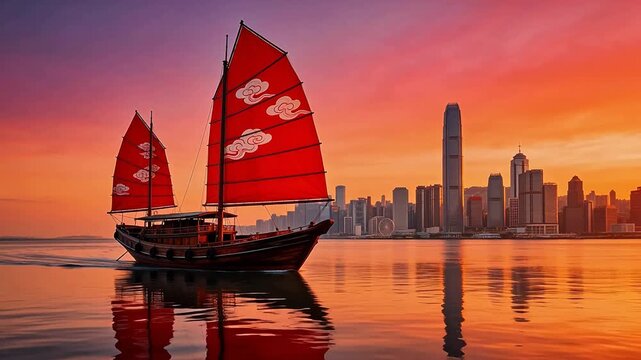 Sailing boat with red sails at sunset
