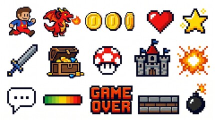 Fototapeta premium Retro 8-Bit Pixel Art Video Game Element and Character Set in Primary Colors on Black for Indie Game Esports Gaming Merchandise and Retro Gaming Brand Design