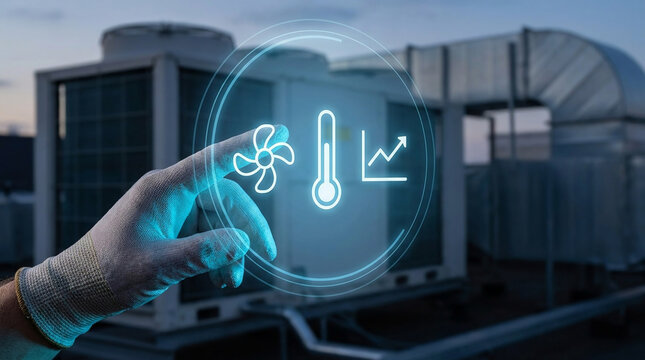 HVAC technology concept A technician's hand interacting with a holographic display showing fan, graph, and thermometer icons above rooftop units