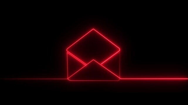 Message concept, envelope self drawing animation. Animated red line on black background motion animation 4k video...