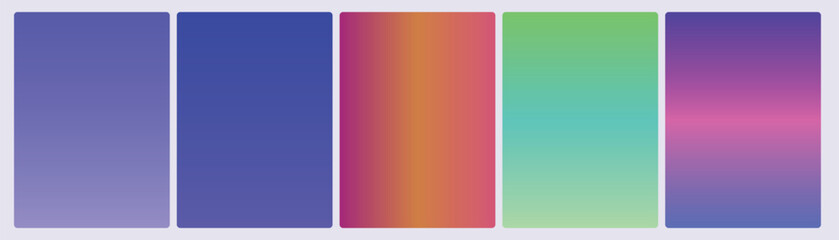 Set of five arctic gradient cards in violet indigo magenta amber emerald teal and purple cool color blends © xantii