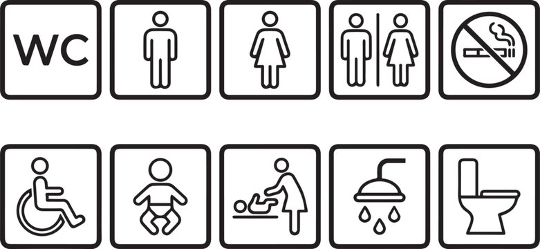 Restroom signage icons set including male female accessible and no smoking symbols in black line art high quality professional detailed modern elegant stylish