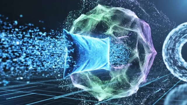 Abstract digital polyhedron processing a blue binary data stream