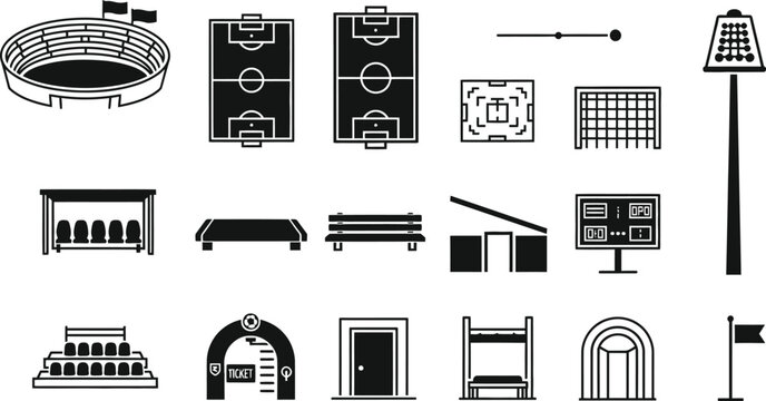 Stadium and sports venue icons set black and white vector graphics