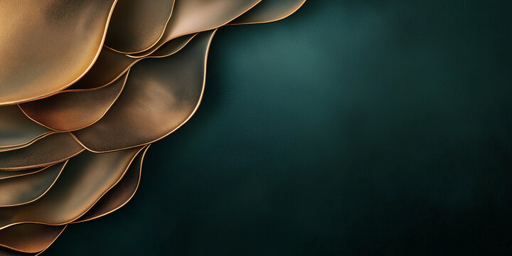 Luxury abstract background with layered golden metallic curves on a deep emerald texture, creating an elegant, modern decorative design