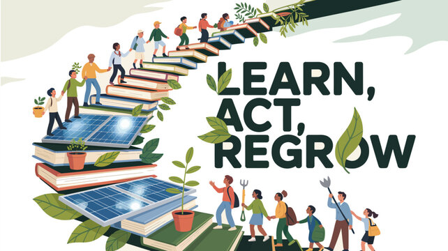Environmental awareness illustration showing people climbing staircase of books with solar panels and plants, symbolizing education, action, and sustainable growth with text &ldquo;Learn, Act, Regrow&rdquo;