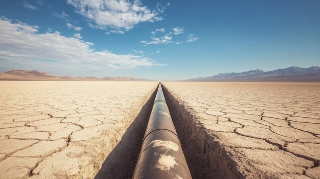 Desert landscape with exposed pipeline transporting water amid dry land and empty sky in an arid region