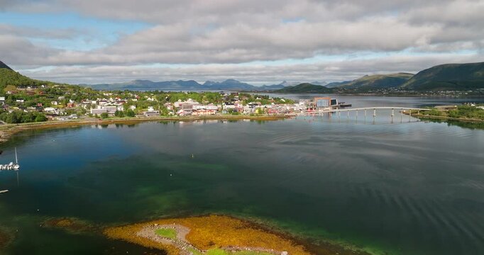 Aerial toward Coastal Express Museum and Stokmarknes waterfront, Vesteralen
