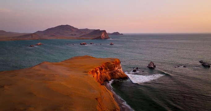 Paracas National Reserve in Peru desert in Ica region meeting Pacific, aerial