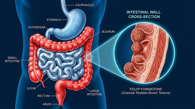Human digestive system anatomy with intestinal wall cross section and polyp formations