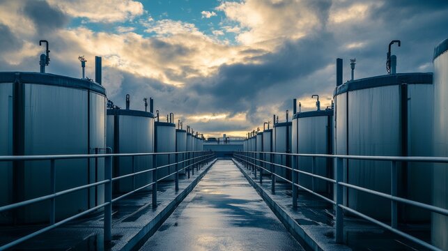 Wide view of multiple filtration tanks in a row under clouds showing the eco industry working with water filtration