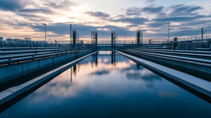 Obraz premium Wide shot showing large filtration tanks in rows under soft clouds, highlighting the eco industry at dusk