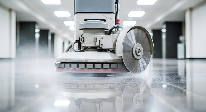 Floor buffer polishing a shiny hallway with mist during a cleaning process