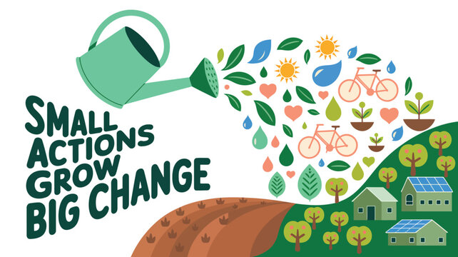 Small Actions Grow Big Change Eco Illustration, Green Watering Can Pouring Symbols of Sustainability, Trees, Solar Panels, Houses, Environmental Awareness Artwork for Climate Action and Positive