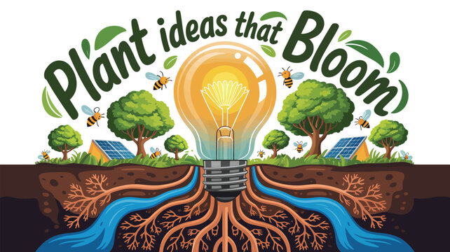 Plant Ideas That Bloom Creative Eco Illustration, Light Bulb with Roots, Trees, Solar Panels, Bees, Sustainability Concept Art for Innovation, Growth, Environmental Harmony, Green Energy Design