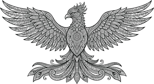 Intricate Zentangle Phoenix Bird Vector Illustration with Ornate Mandala Patterns for Adult Coloring Pages Tattoo Design and Decorative Tribal Art