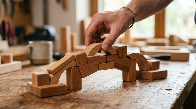 Hand building abstract wooden bridge with blocks