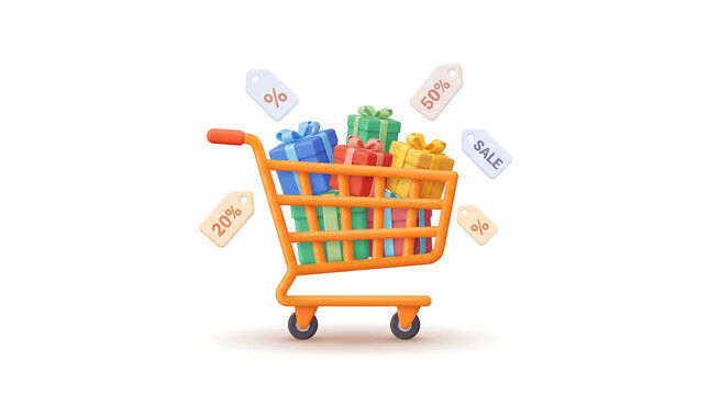 Shopping cart filled with gifts and discount tags, representing online shopping and sales