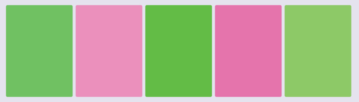 Set of five spring green and soft pink garden complementary color swatch cards